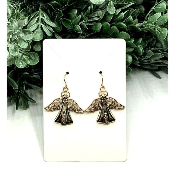 Vintage Gold Tone Angel Dangle Earrings Filigree Detailed - Picture 5 of 5
